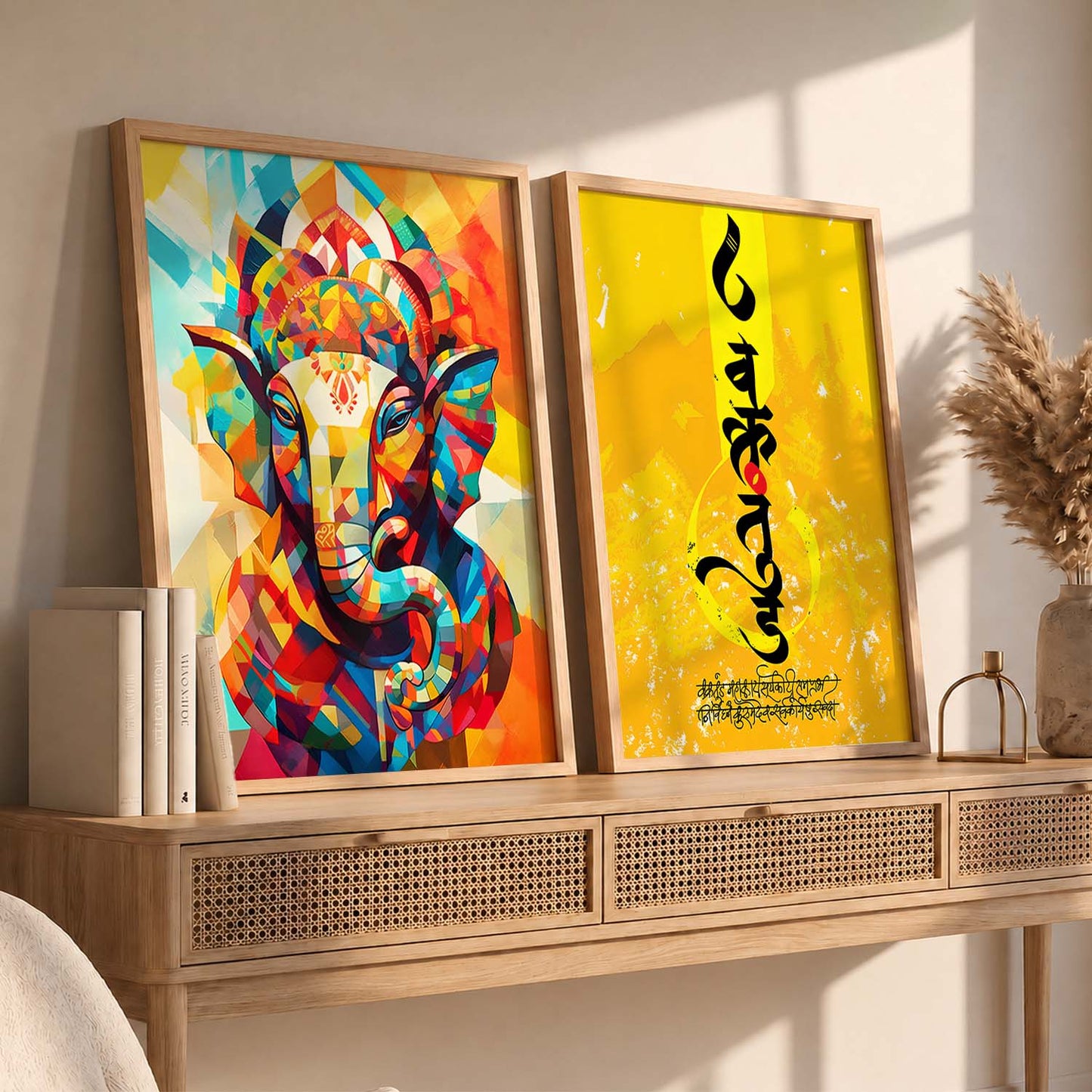 Vibrant Lord Ganesha & Om Mantra Art : Spiritual Hindu Artwork for Home Decor and Meditation Spaces