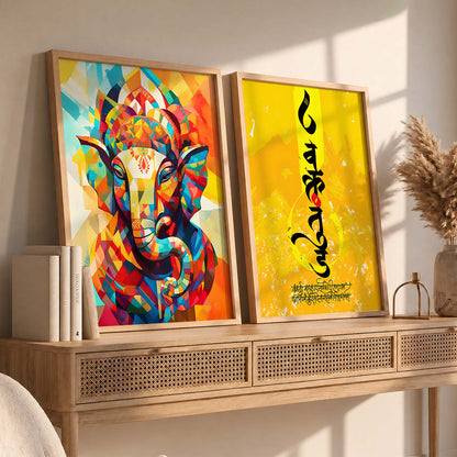 Vibrant Lord Ganesha & Om Mantra Art : Spiritual Hindu Artwork for Home Decor and Meditation Spaces