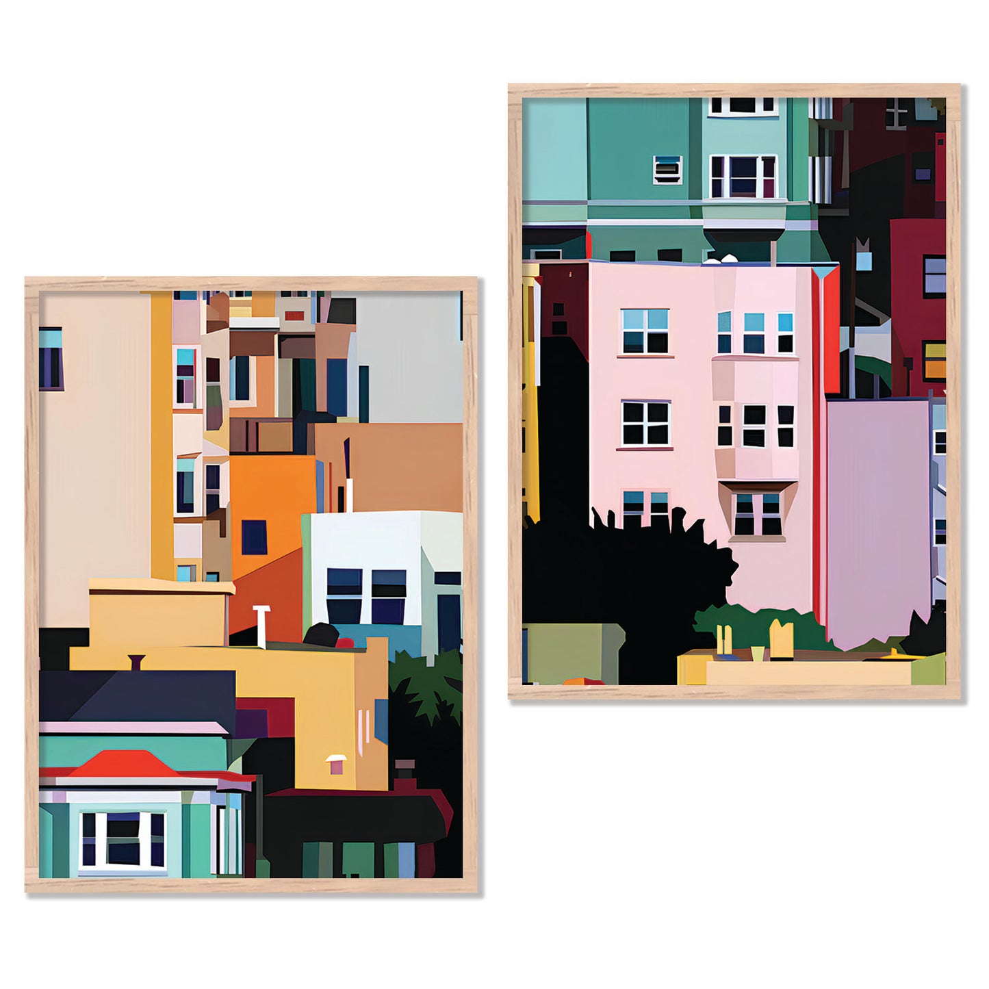 Modern Geometric Cityscape Art Prints: Vibrant Urban Architecture Wall Decor