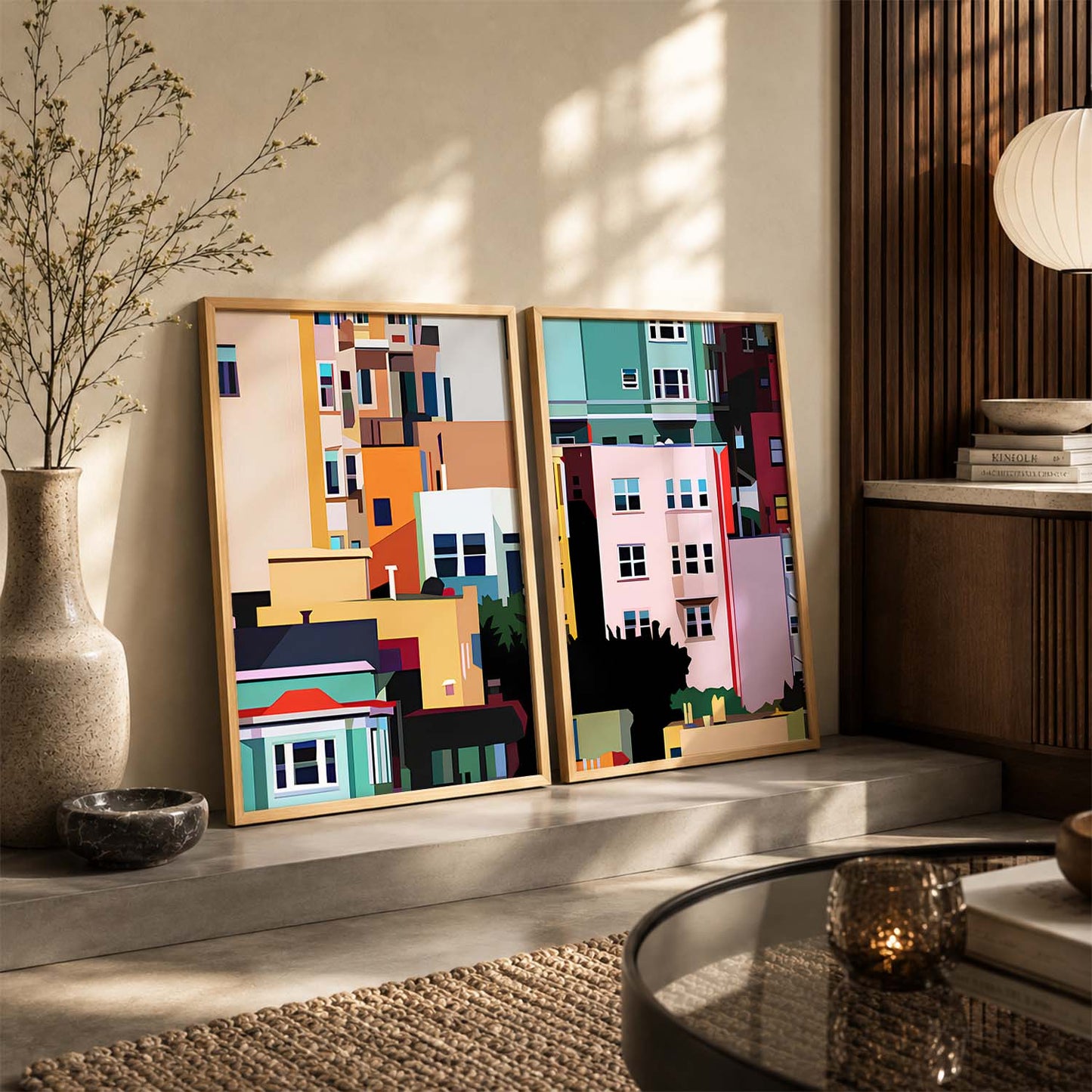 Modern Geometric Cityscape Art Prints: Vibrant Urban Architecture Wall Decor