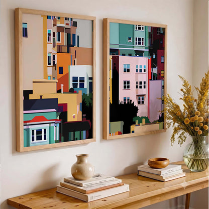 Modern Geometric Cityscape Art Prints: Vibrant Urban Architecture Wall Decor