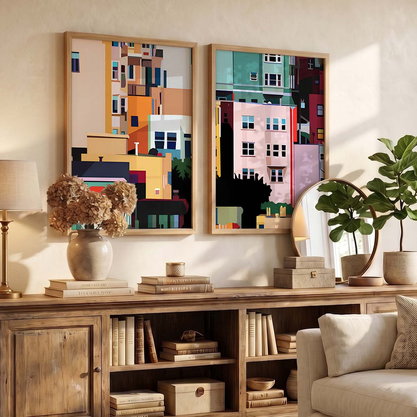 Modern Geometric Cityscape Art Prints: Vibrant Urban Architecture Wall Decor