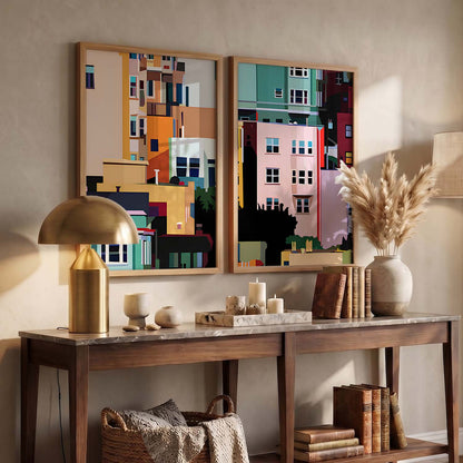 Modern Geometric Cityscape Art Prints: Vibrant Urban Architecture Wall Decor