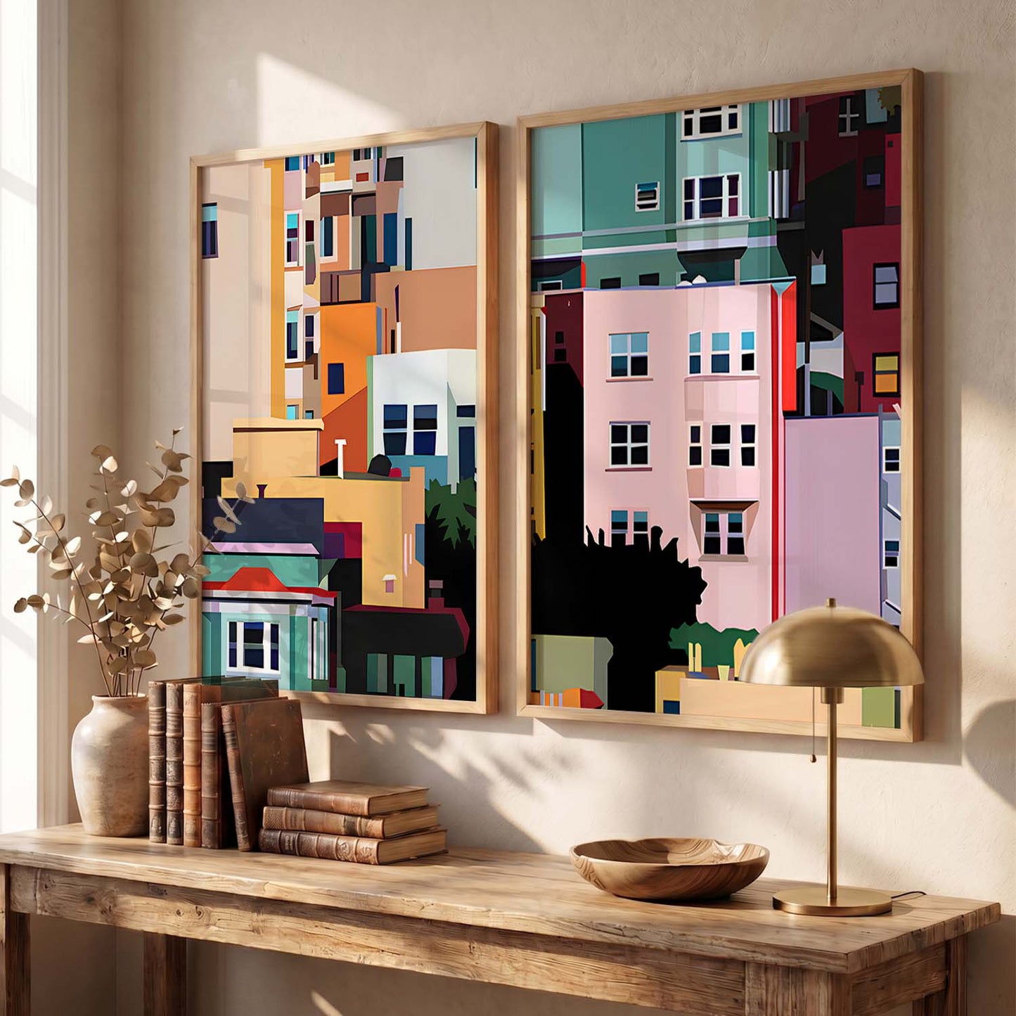 Modern Geometric Cityscape Art Prints: Vibrant Urban Architecture Wall Decor