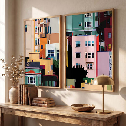 Modern Geometric Cityscape Art Prints: Vibrant Urban Architecture Wall Decor