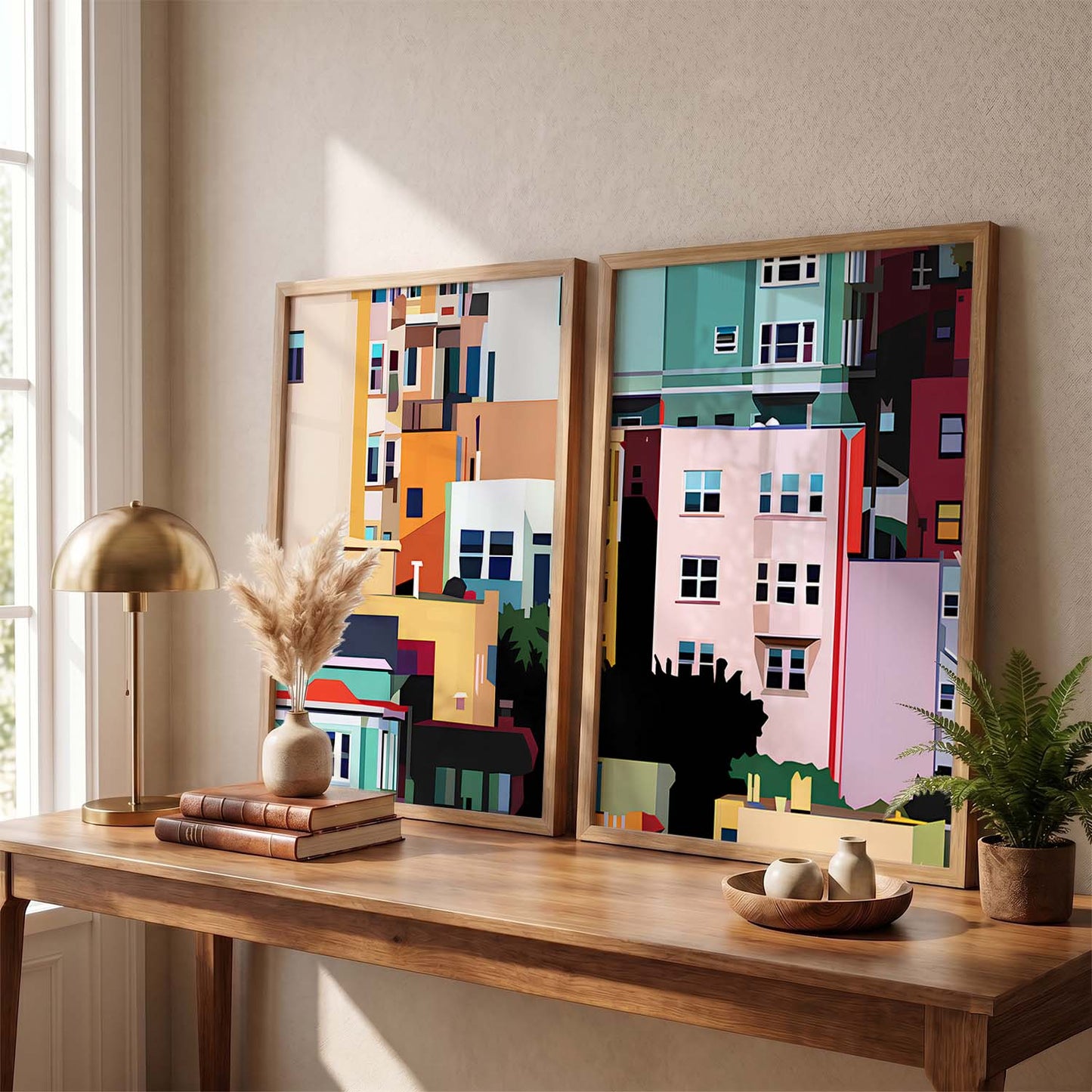 Modern Geometric Cityscape Art Prints: Vibrant Urban Architecture Wall Decor