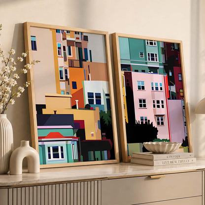Modern Geometric Cityscape Art Prints: Vibrant Urban Architecture Wall Decor