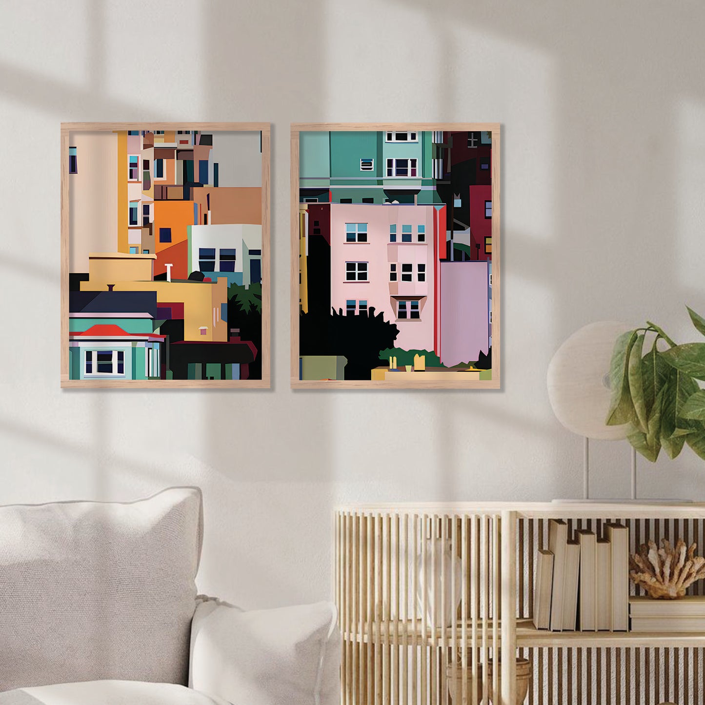 Modern Geometric Cityscape Art Prints: Vibrant Urban Architecture Wall Decor