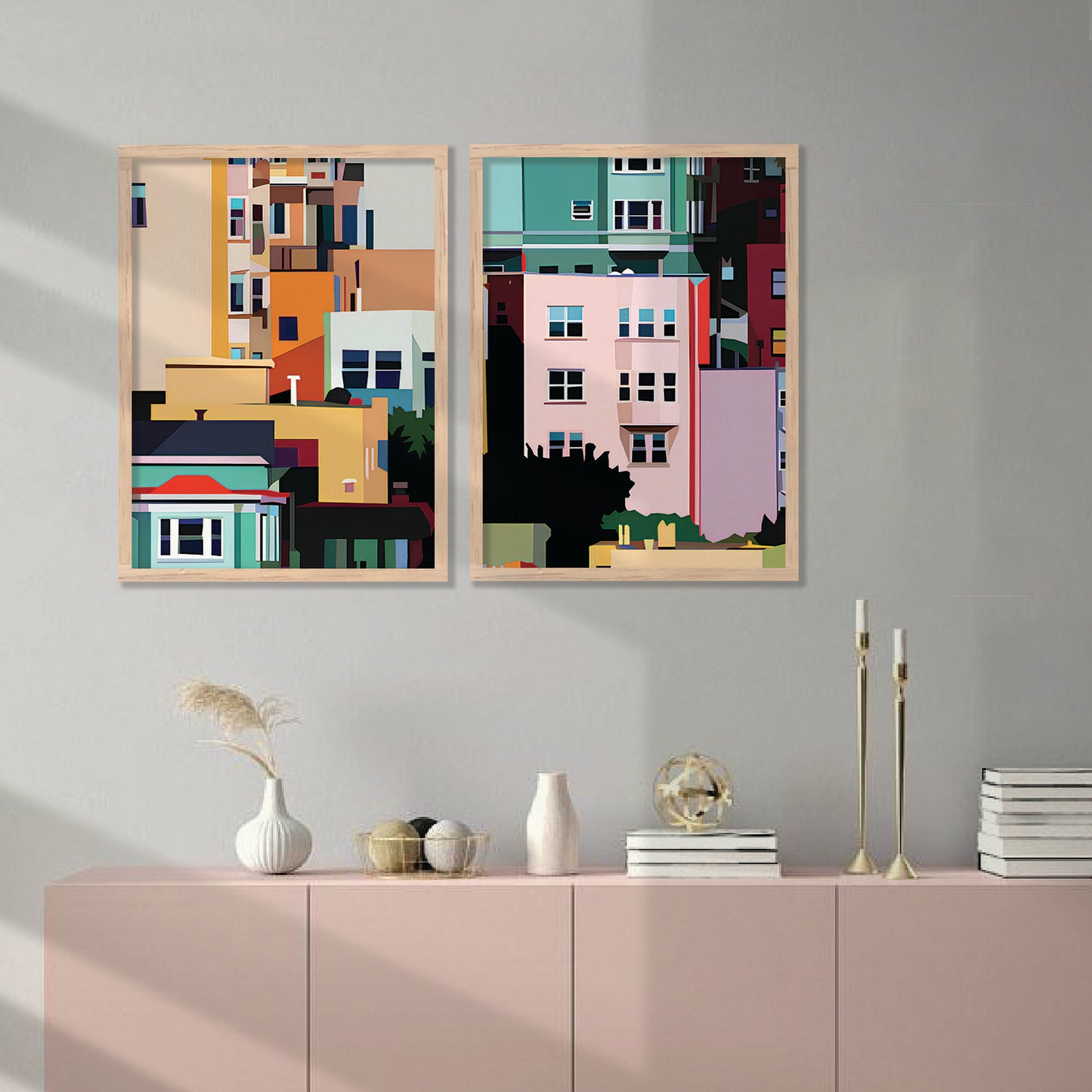 Modern Geometric Cityscape Art Prints: Vibrant Urban Architecture Wall Decor