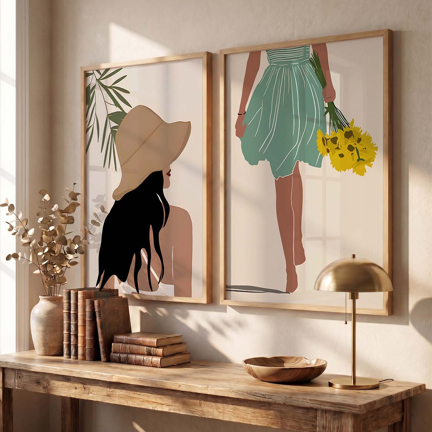 Stylish Woman in Sun Hat & Fresh Floral Bouquet Illustration