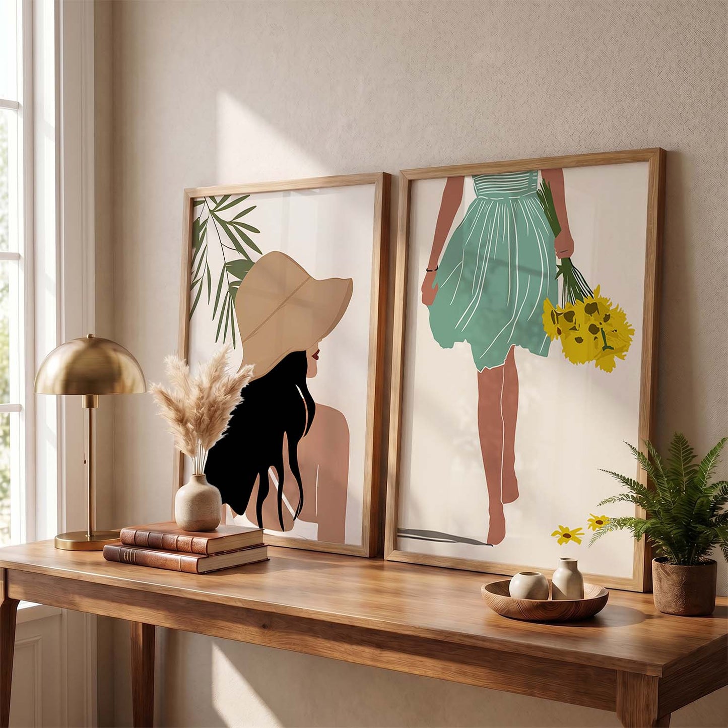 Stylish Woman in Sun Hat & Fresh Floral Bouquet Illustration