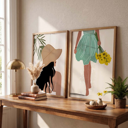Stylish Woman in Sun Hat & Fresh Floral Bouquet Illustration