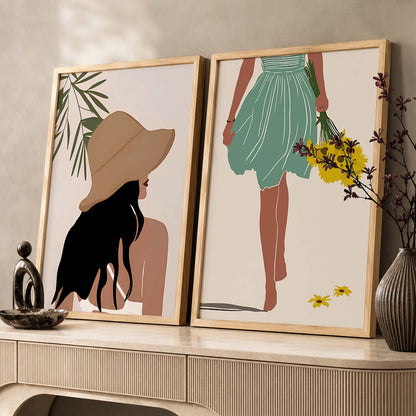 Stylish Woman in Sun Hat & Fresh Floral Bouquet Illustration