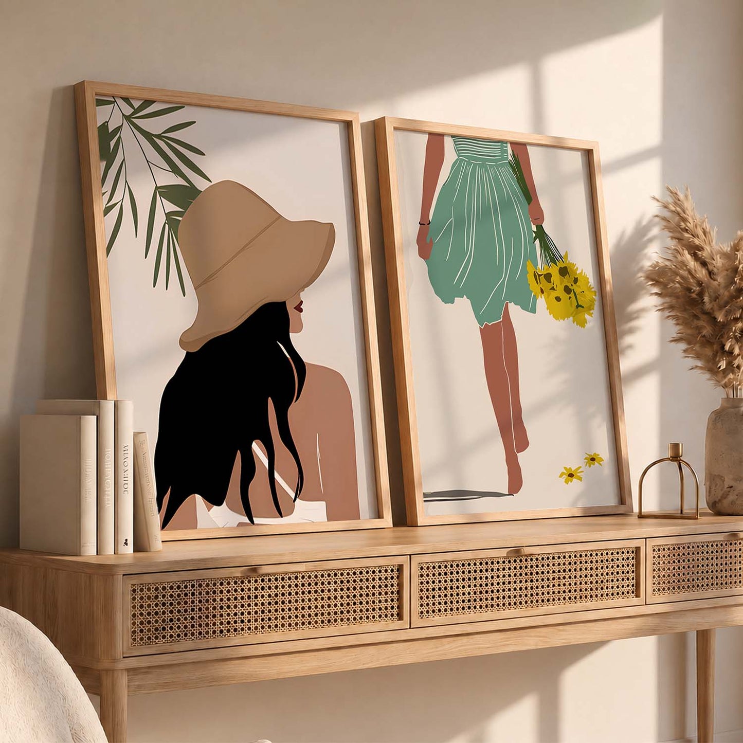 Stylish Woman in Sun Hat & Fresh Floral Bouquet Illustration