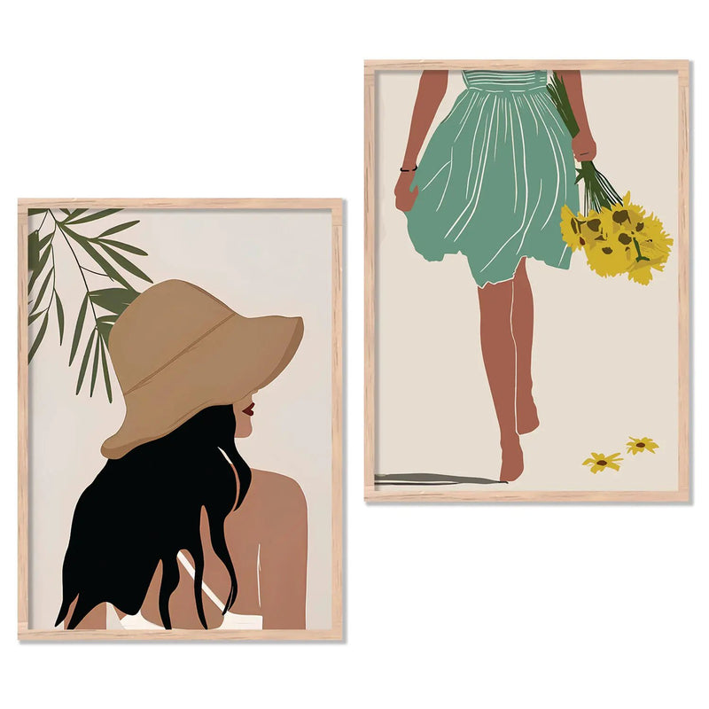 Stylish Woman in Sun Hat & Fresh Floral Bouquet Illustration