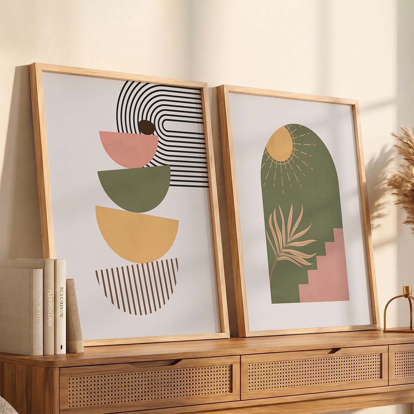 Geometric Abstract Boho Modern Wall Art Set of 2 Framed Prints