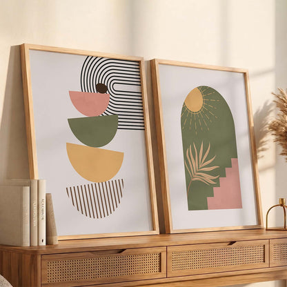 Geometric Abstract Boho Modern Wall Art Set of 2 Framed Prints