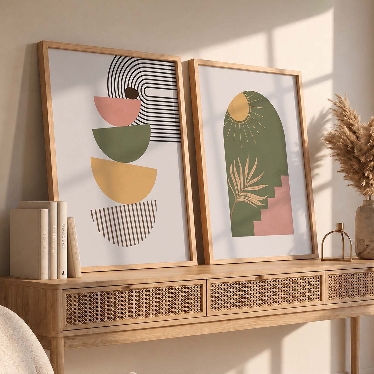 Geometric Abstract Boho Modern Wall Art Set of 2 Framed Prints