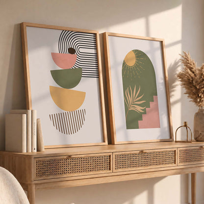 Geometric Abstract Boho Modern Wall Art Set of 2 Framed Prints