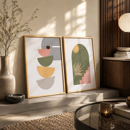 Geometric Abstract Boho Modern Wall Art Set of 2 Framed Prints