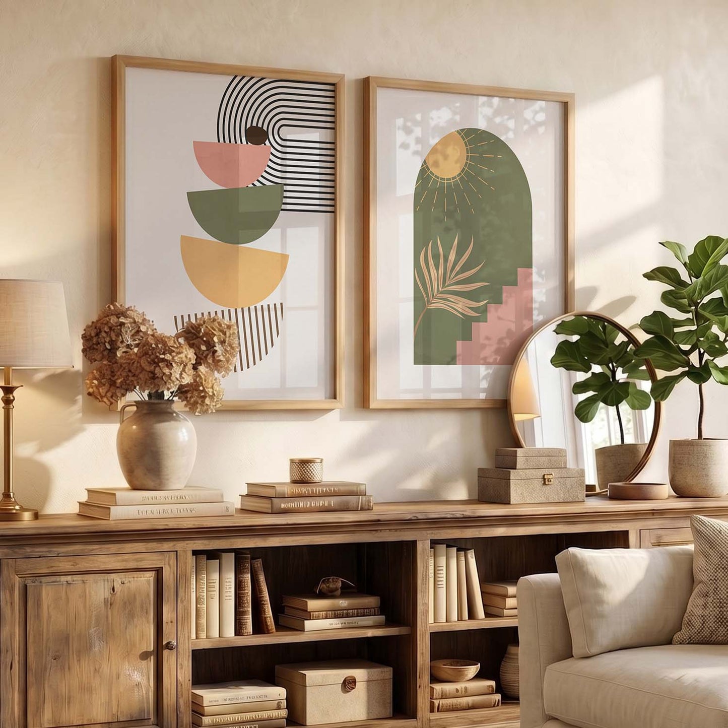 Geometric Abstract Boho Modern Wall Art Set of 2 Framed Prints