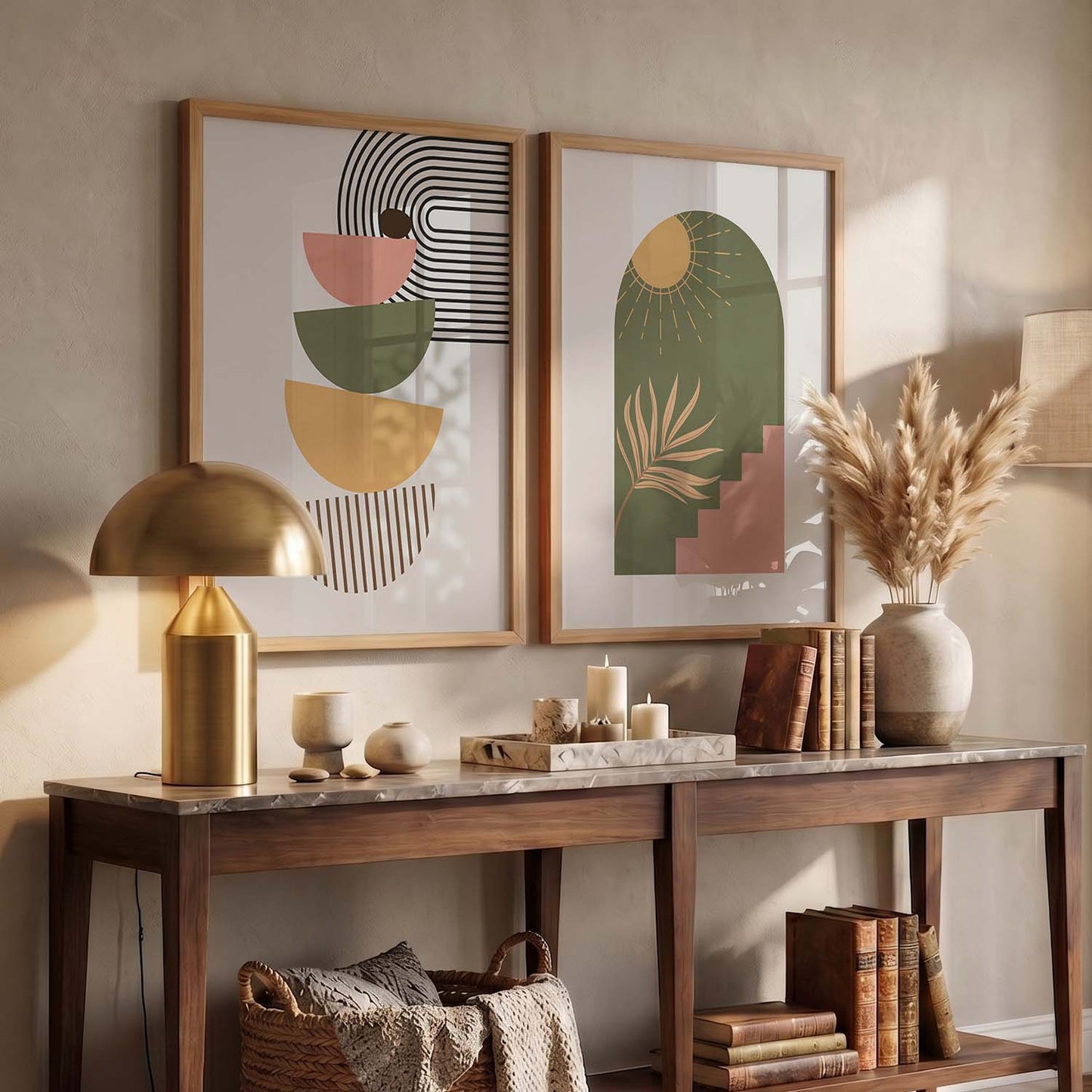 Geometric Abstract Boho Modern Wall Art Set of 2 Framed Prints