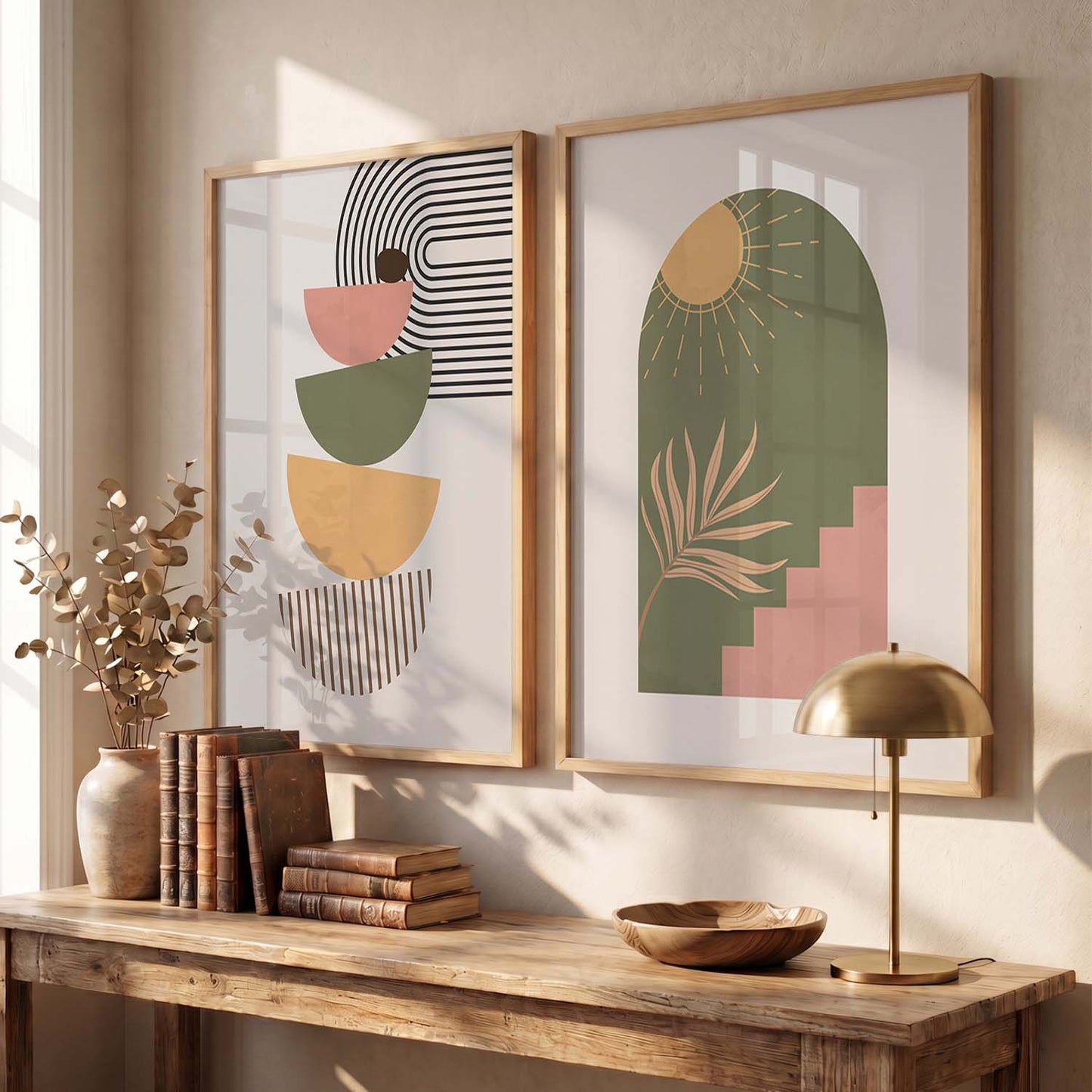 Geometric Abstract Boho Modern Wall Art Set of 2 Framed Prints
