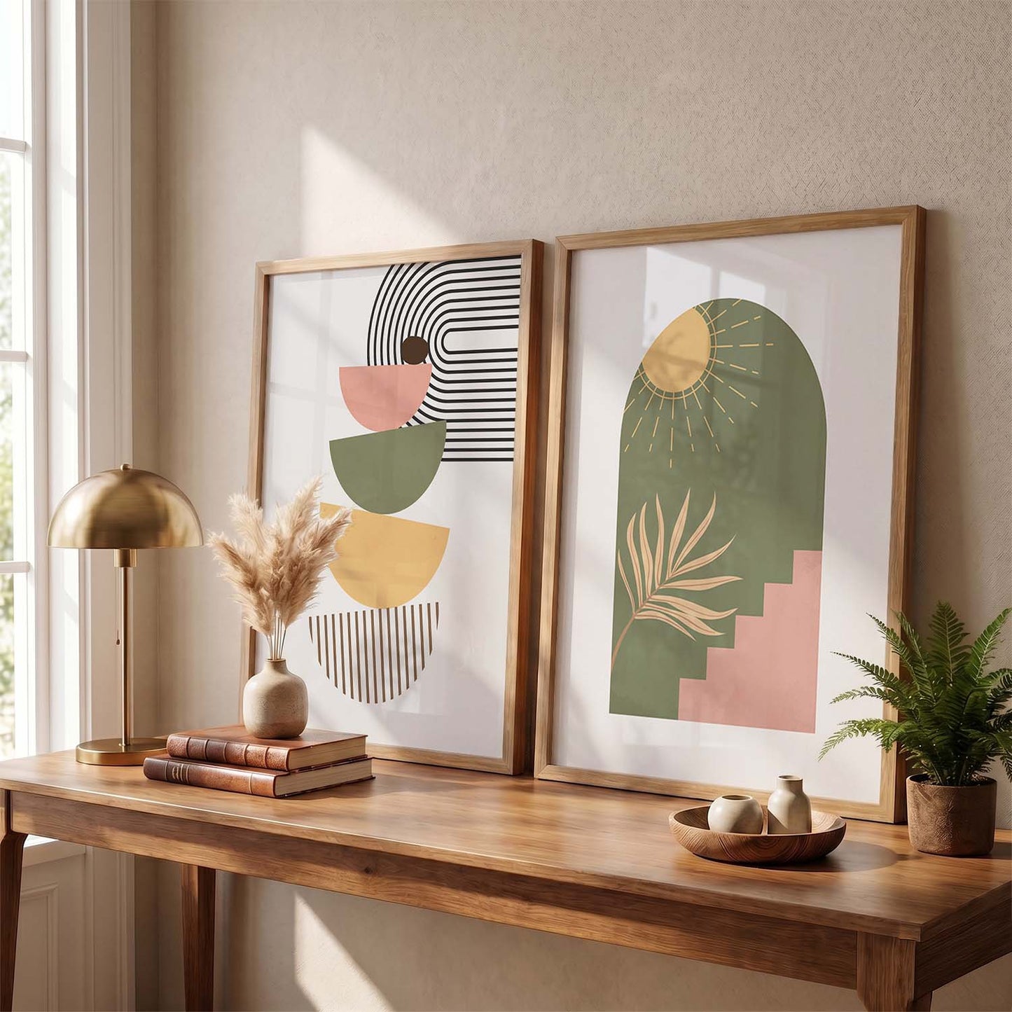 Geometric Abstract Boho Modern Wall Art Set of 2 Framed Prints