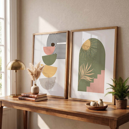 Geometric Abstract Boho Modern Wall Art Set of 2 Framed Prints