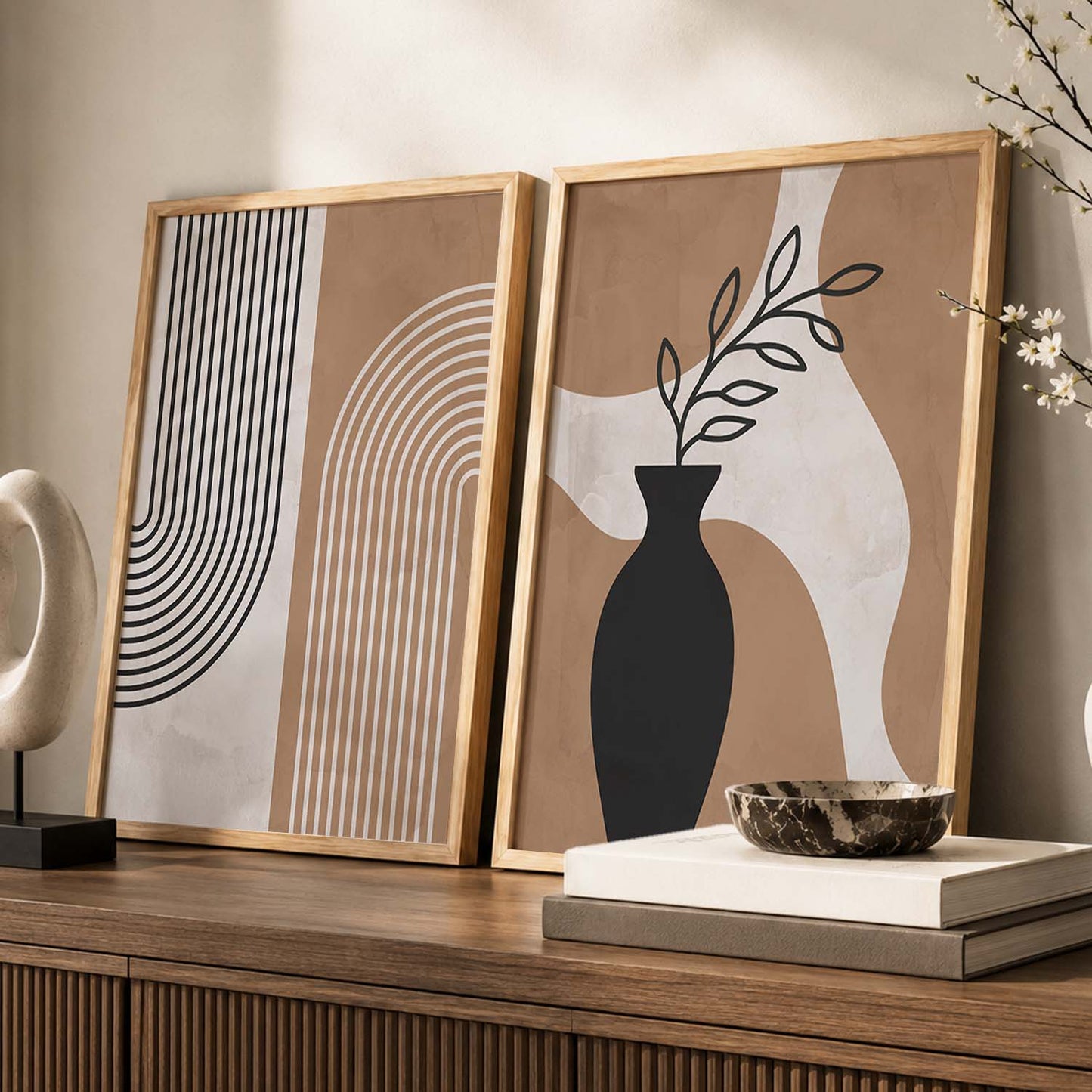 Abstract Shape Boho Wall Art Set of 2 Framed Prints