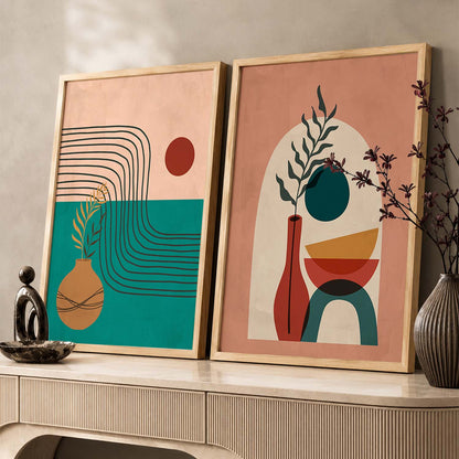 Earthy Abstract Shape Boho Modern Wall Art Set of 2 Framed Prints