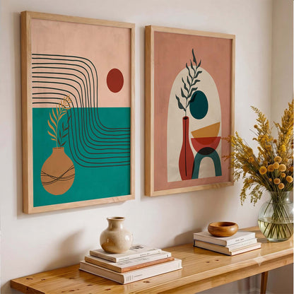 Earthy Abstract Shape Boho Modern Wall Art Set of 2 Framed Prints