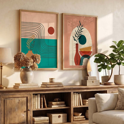 Earthy Abstract Shape Boho Modern Wall Art Set of 2 Framed Prints