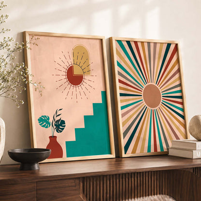 Sunburst Boho Wall Art Set of 2 Framed Prints
