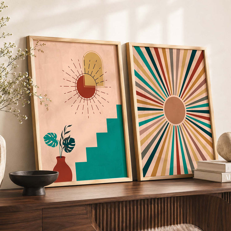 Sunburst Boho Wall Art Set of 2 Framed Prints