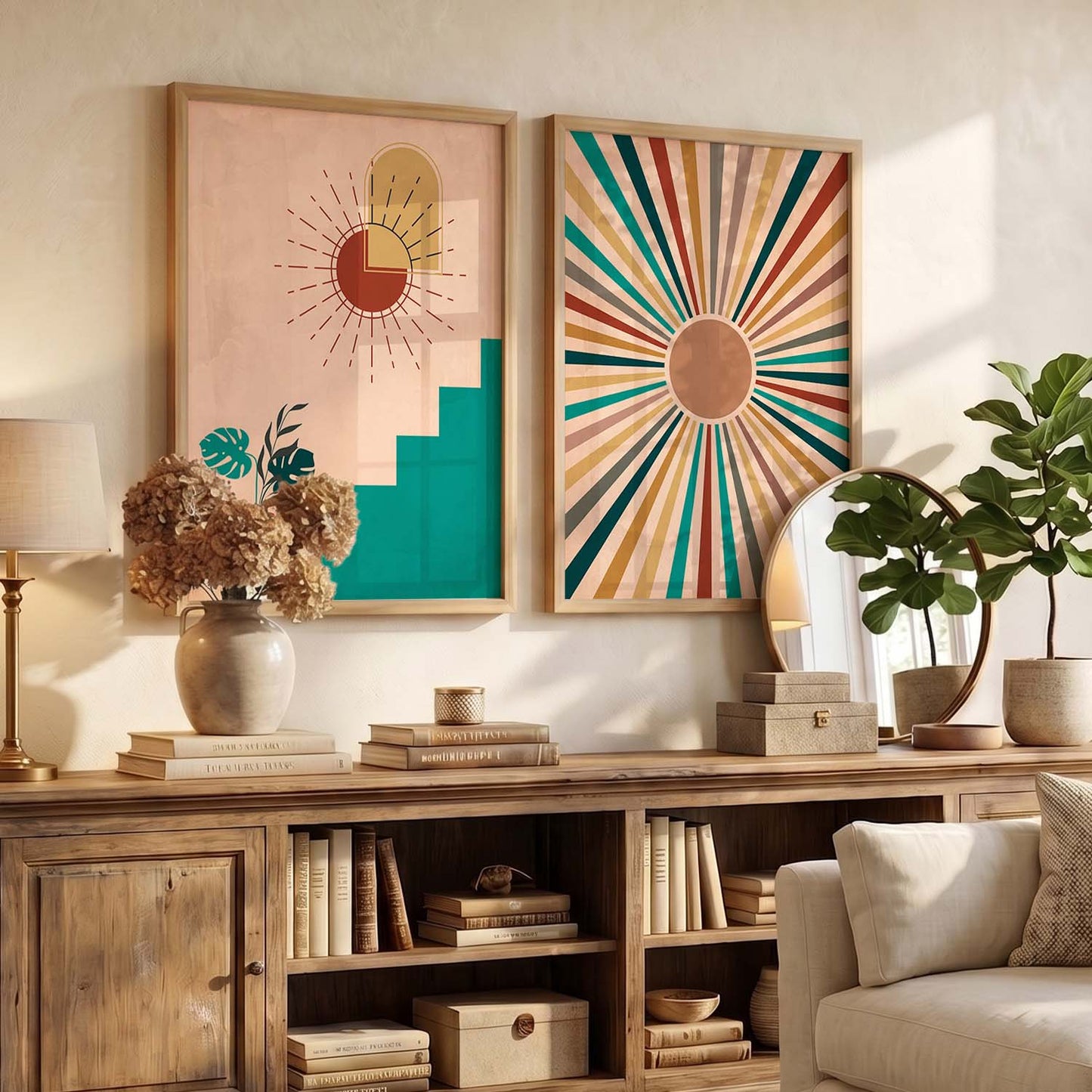Sunburst Boho Wall Art Set of 2 Framed Prints