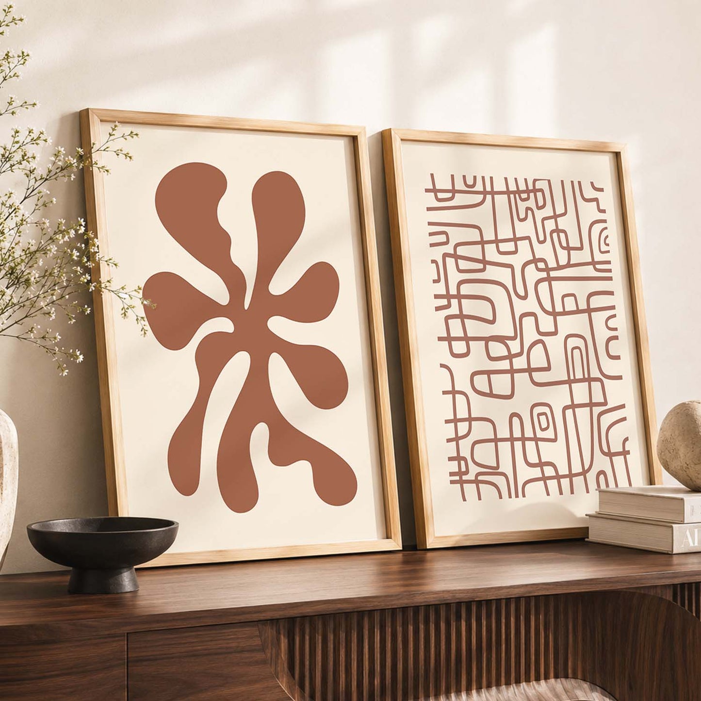 Warm Earthy Abstract Shape Boho Wall Art Set of 2 Framed Prints