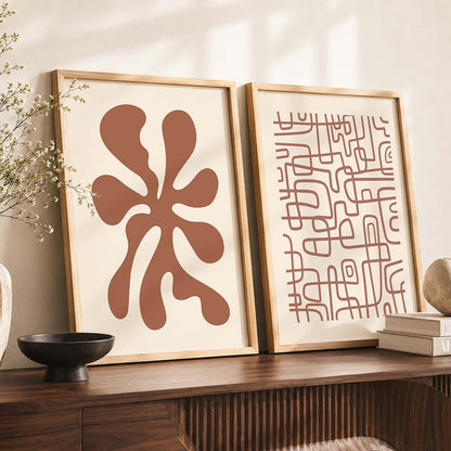 Warm Earthy Abstract Shape Boho Wall Art Set of 2 Framed Prints