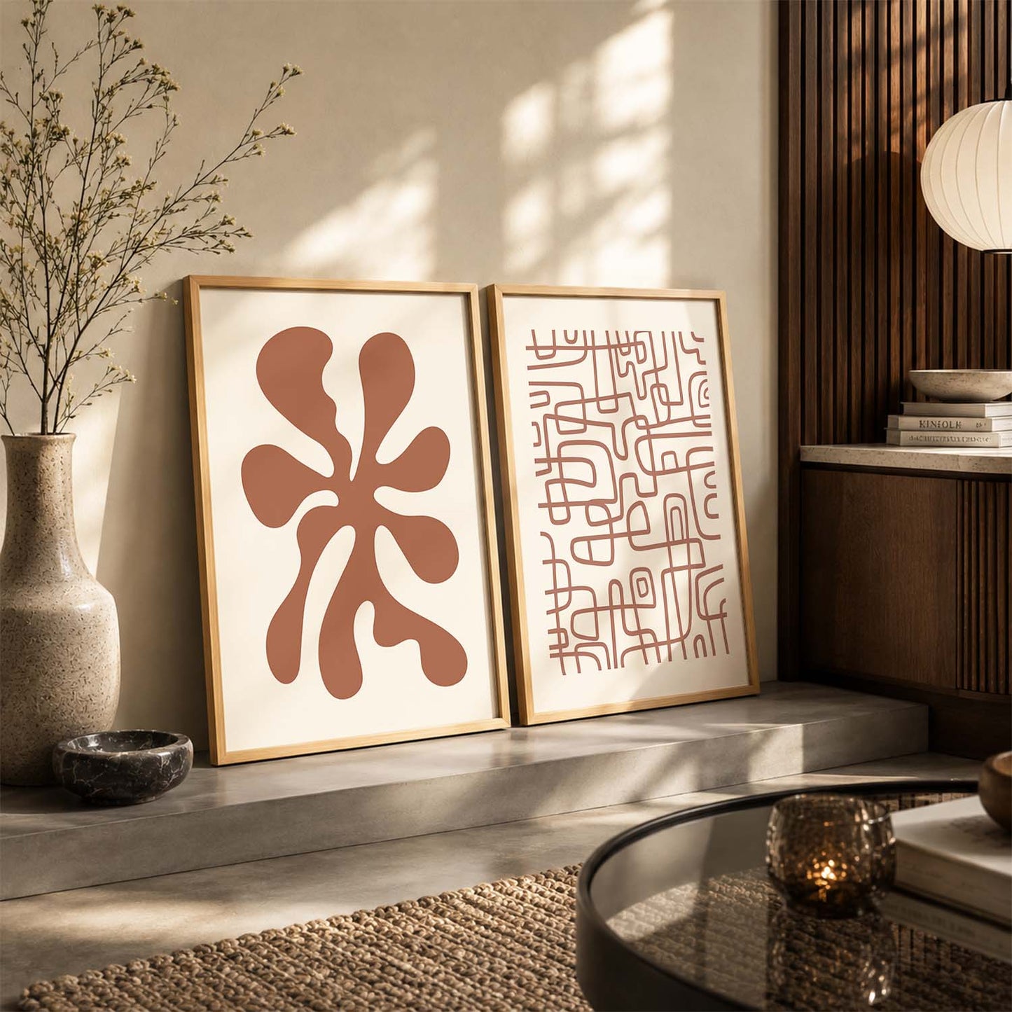 Warm Earthy Abstract Shape Boho Wall Art Set of 2 Framed Prints