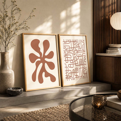 Warm Earthy Abstract Shape Boho Wall Art Set of 2 Framed Prints