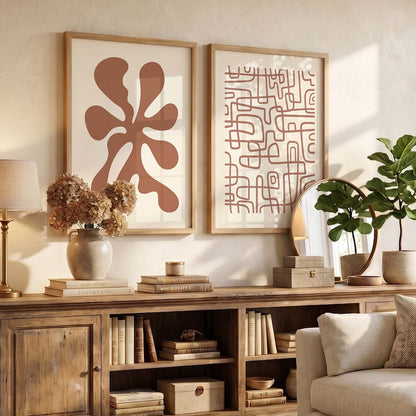 Warm Earthy Abstract Shape Boho Wall Art Set of 2 Framed Prints