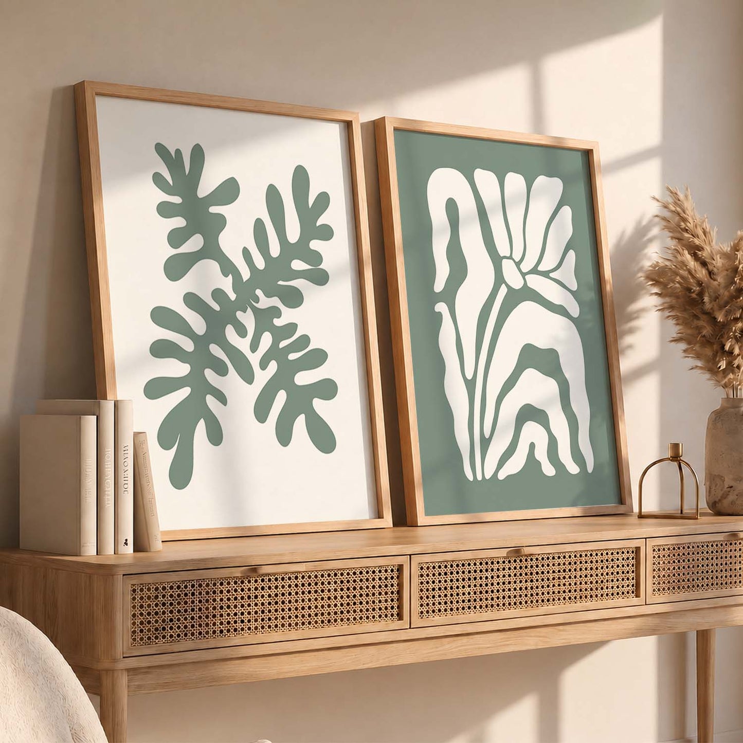 Muted Green Leaf Botanical Wall Art Set of 2 Framed Prints