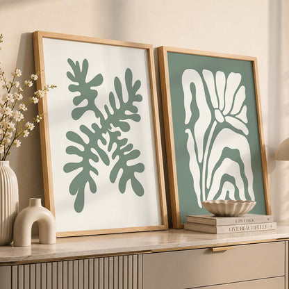 Muted Green Leaf Botanical Wall Art Set of 2 Framed Prints