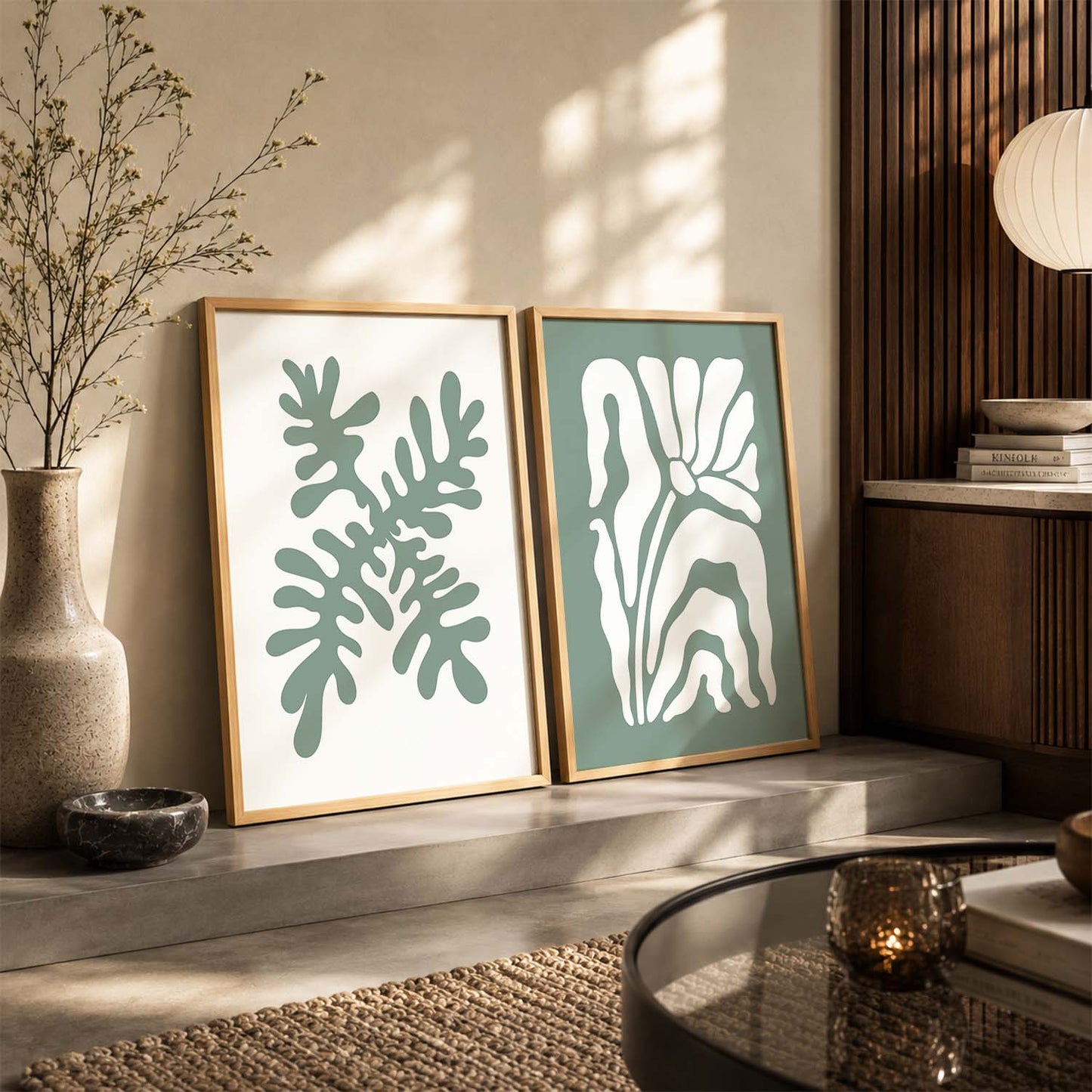Muted Green Leaf Botanical Wall Art Set of 2 Framed Prints