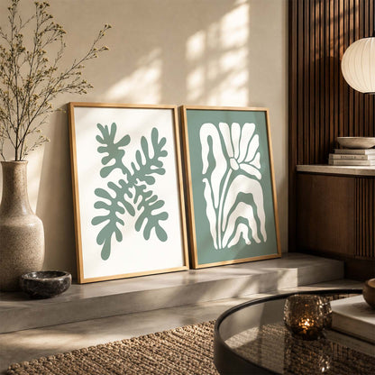Muted Green Leaf Botanical Wall Art Set of 2 Framed Prints