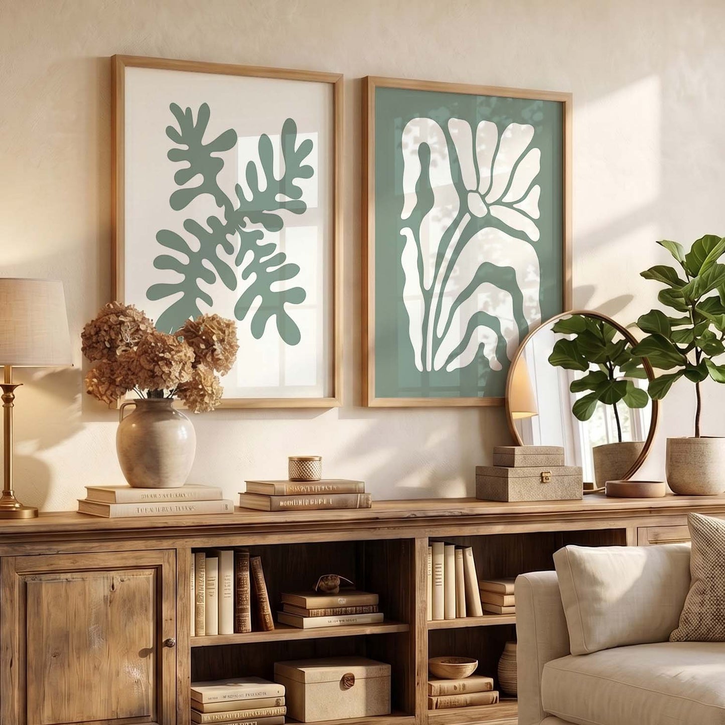 Muted Green Leaf Botanical Wall Art Set of 2 Framed Prints