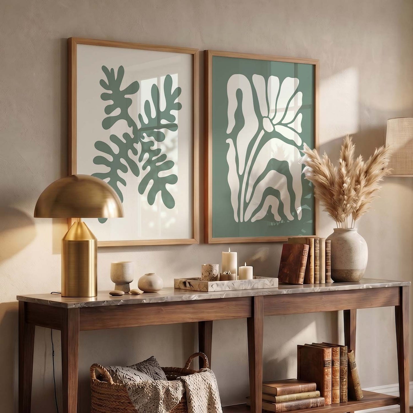 Muted Green Leaf Botanical Wall Art Set of 2 Framed Prints