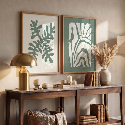 Muted Green Leaf Botanical Wall Art Set of 2 Framed Prints