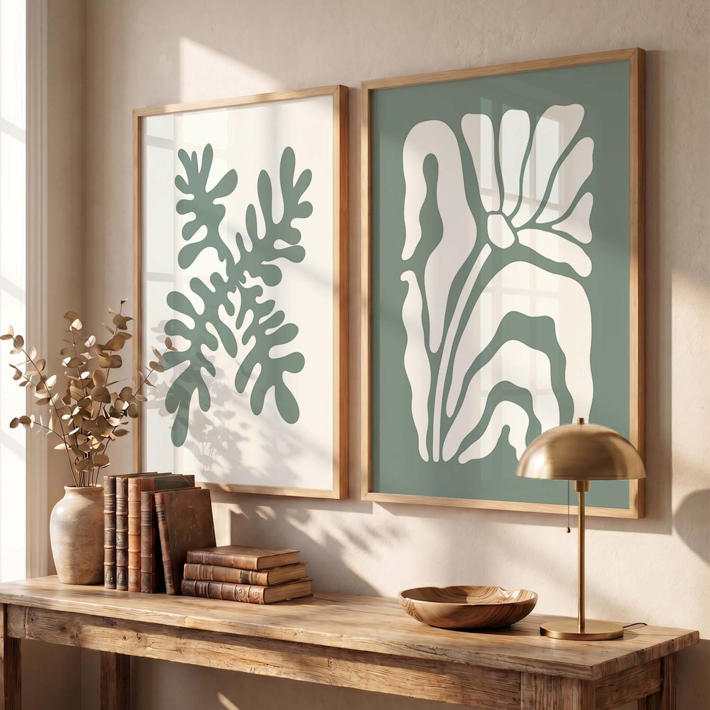 Muted Green Leaf Botanical Wall Art Set of 2 Framed Prints