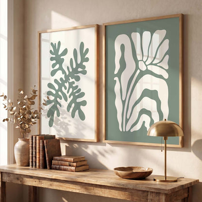 Muted Green Leaf Botanical Wall Art Set of 2 Framed Prints